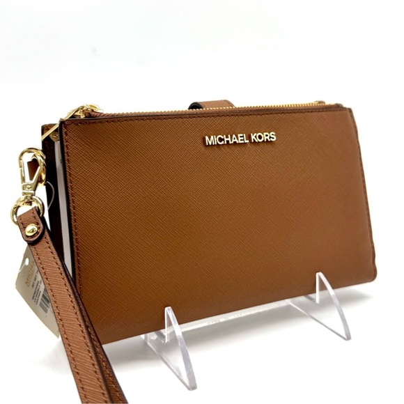 Michael Kors Large Jet Set Travel Logo Double Zip Wallet Luggage Brown - Picture 3 of 9